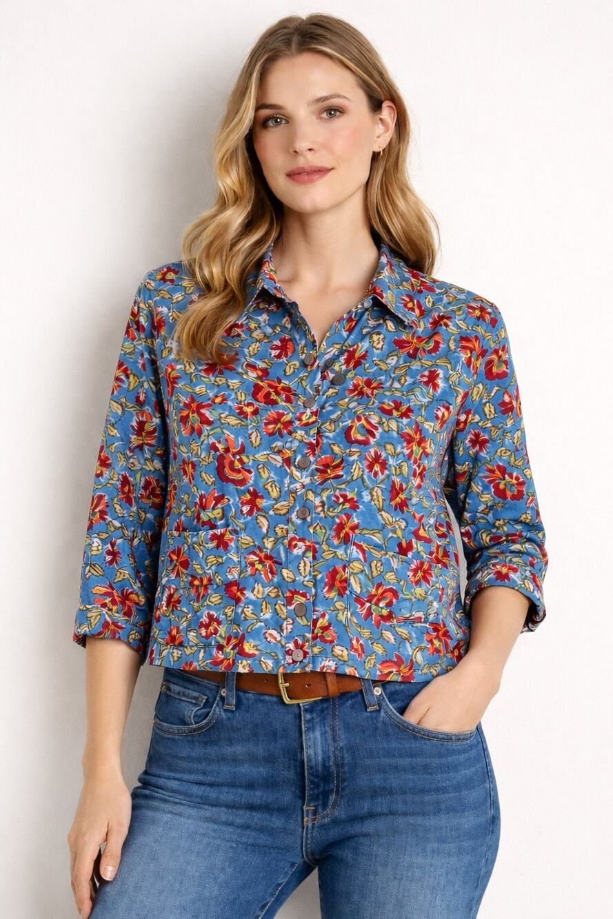 Trade Cloth Floral Button Up Shirt XS Blue Boho Cotton Blouse Front Pockets